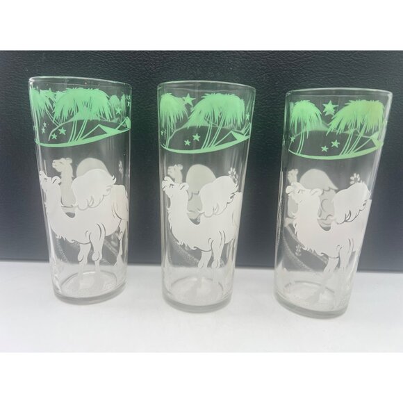 Set of 3 Vintage Hazel Atlas “Camel in Oasis” Tumblers Mid-Century Glassware 6" - Picture 1 of 6
